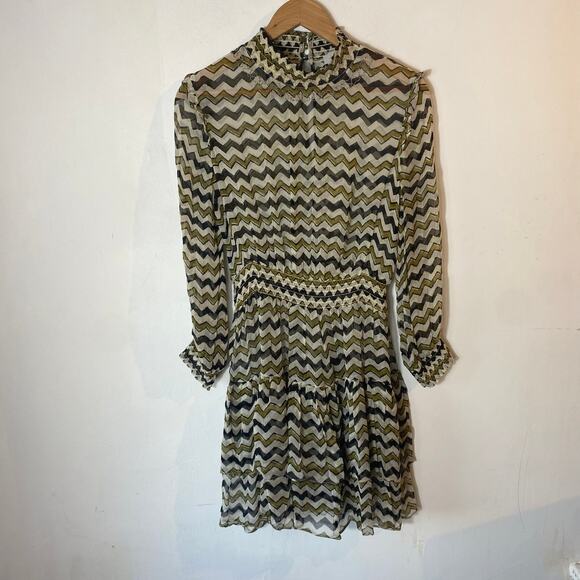 Anthropologie HD Paris Sierade Chevron Ruffle Boho Mini Dress SZ 4 Sheer Retro - Picture 2 of 10